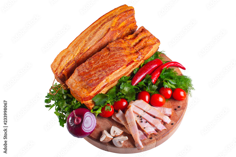 Smoked pork breast with greens and tomatoes on white isolated background. Smoked pork breast with greens and tomatoes on white isolated background.