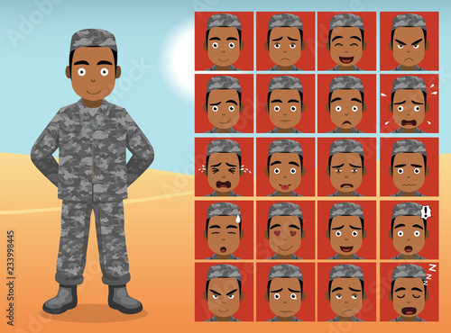 Muslim Military Boy Cartoon Emotion faces Vector Illustration