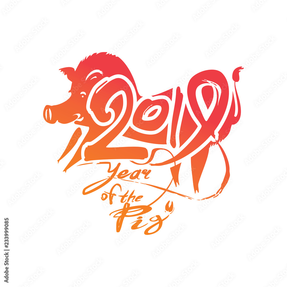 Pig 2019. Handwritten template with the inscription 2019 and boar. New Year on the Chinese calendar. Pig 2019. Handwritten template with the inscription 2019 and boar. New Year on the Chinese calendar.