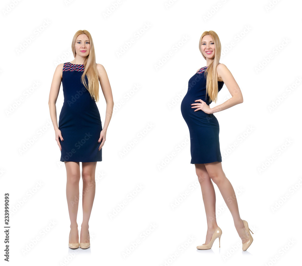 Beautiful pregnant woman in blue dress isolated on white Beautiful pregnant woman in blue dress isolated on white