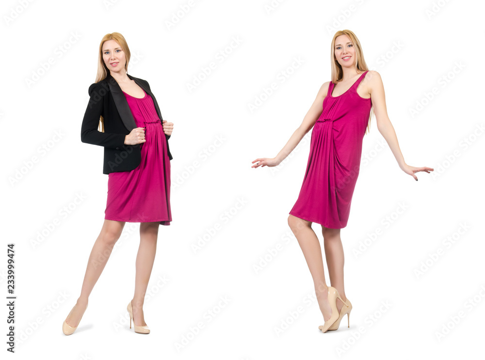 Pretty pregnant woman in pink dress isolated on white Pretty pregnant woman in pink dress isolated on white