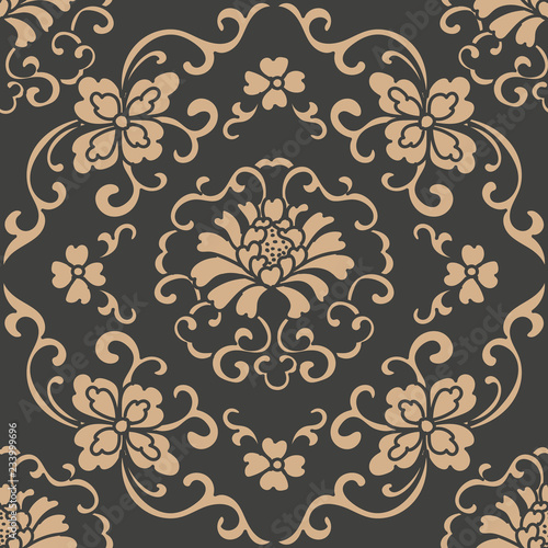 Vector damask seamless retro pattern background spiral curve cross flower peony leaf frame vine wreath