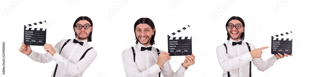 Young gentleman with clapperboard isolated on white Young gentleman with clapperboard isolated on white