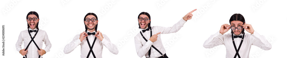 Man wearing suspenders isioated on white Man wearing suspenders isioated on white