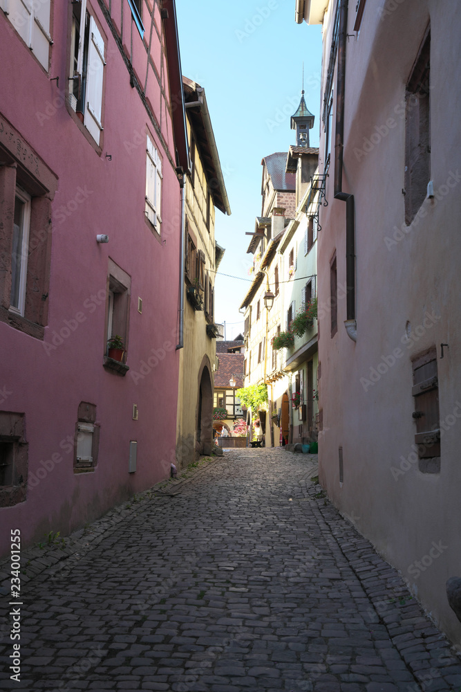 Riquewihr,France-October 13, 2018: Beautiful houses in Riquewihr, Alsace, France