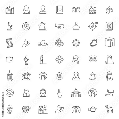 big set of islamic religion icons vector design with simple outline and modern style, editable stroke