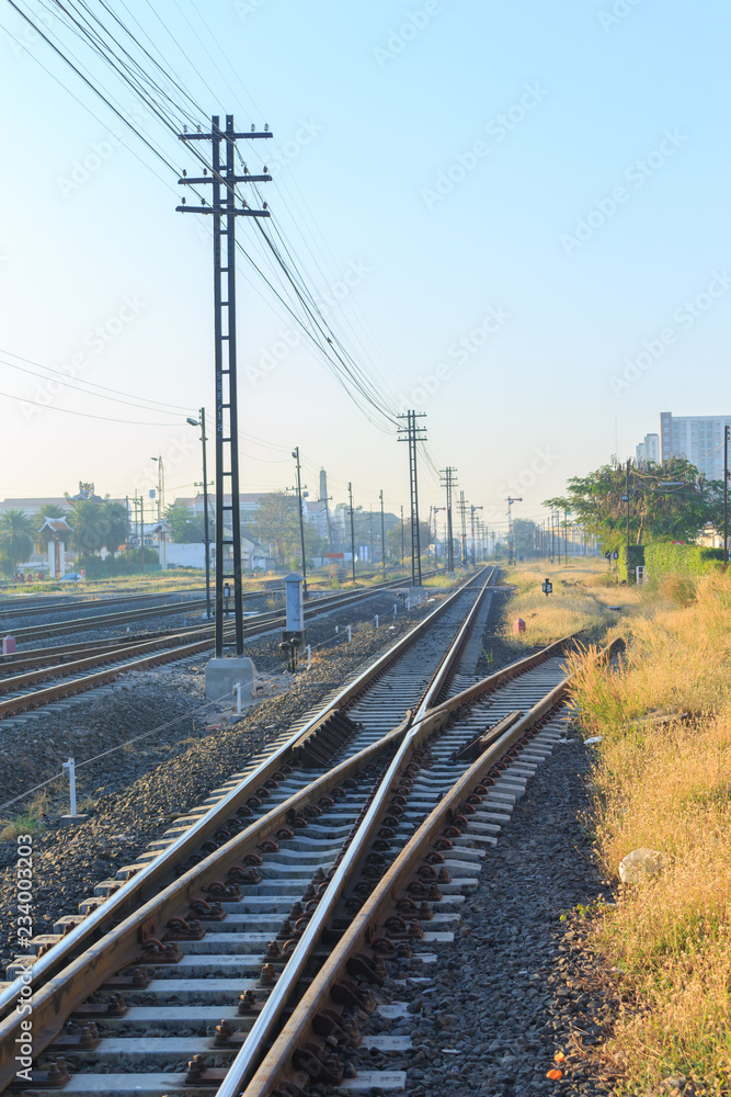 Railway platform in the morning.