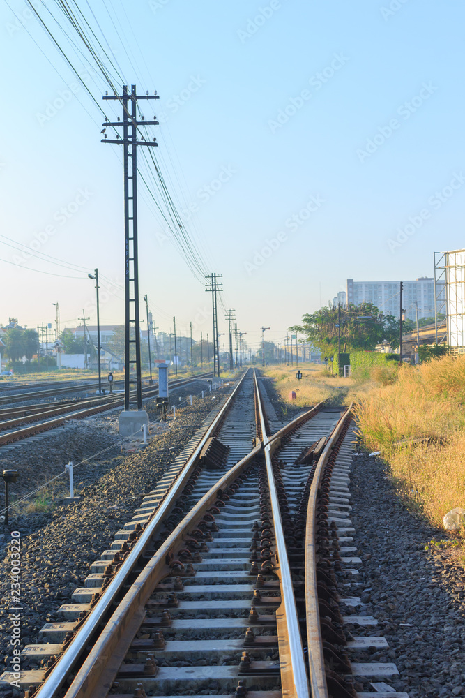 Railway platform in the morning.