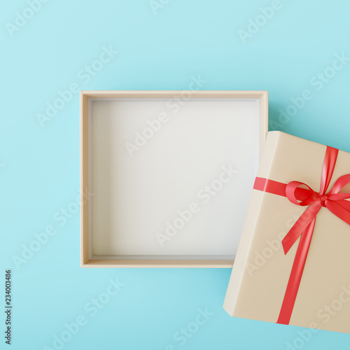 Top view open gift box on pastel blue background. Christmas,New year concept. 3d rendering