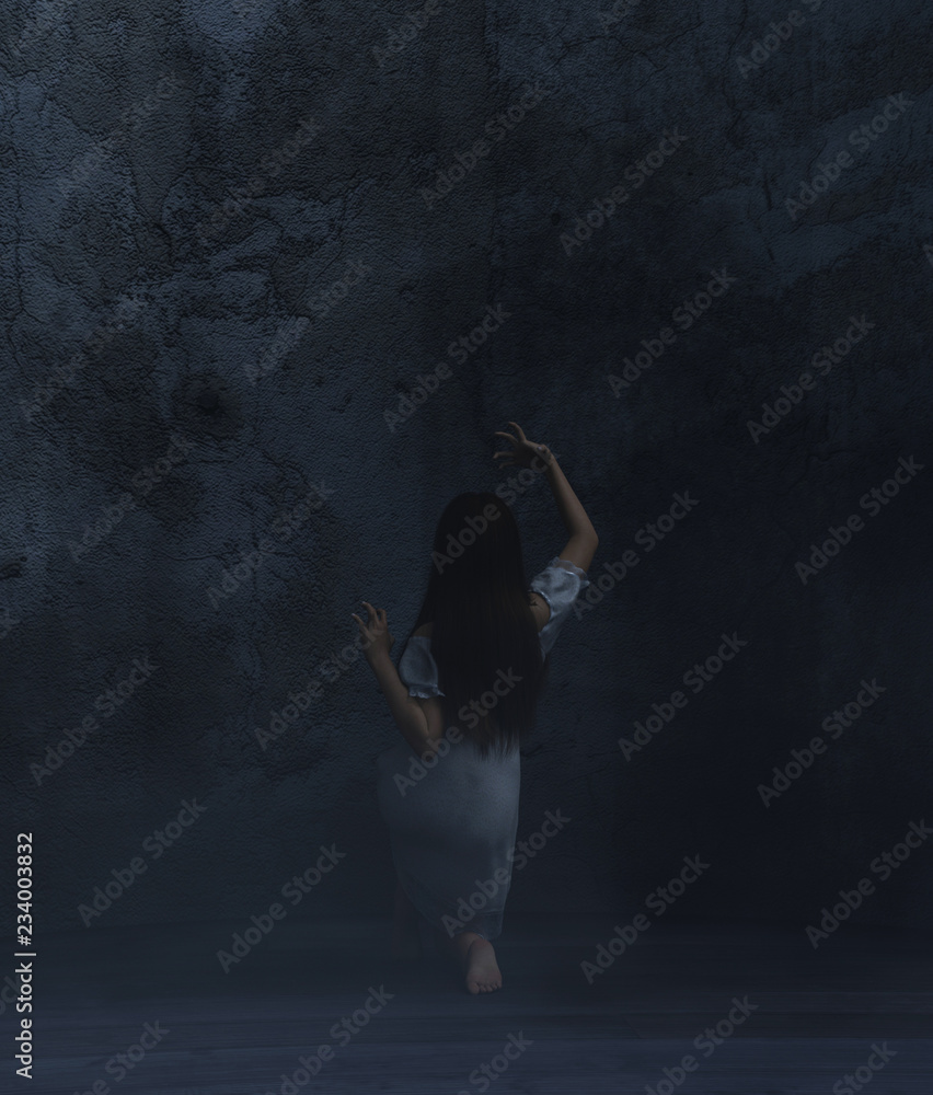 Ghost woman in a dark room,3d rendering