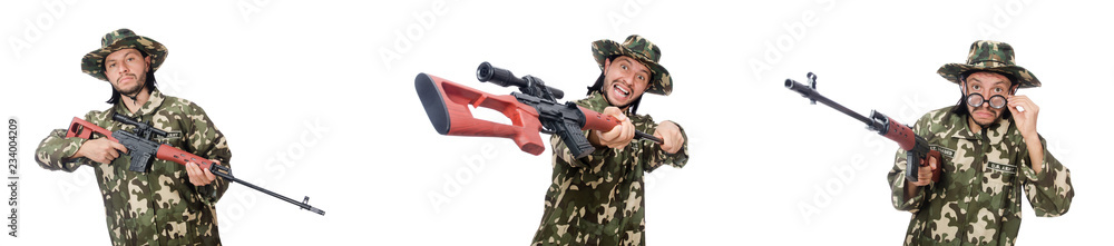 Fototapeta premium Soldier with weapons isolated on white