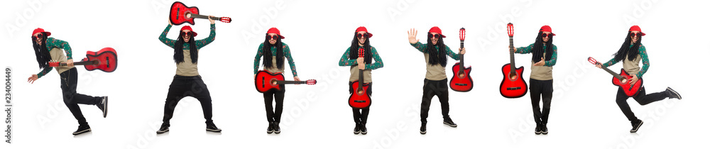 Man with guitar in musical concept on white Man with guitar in musical concept on white