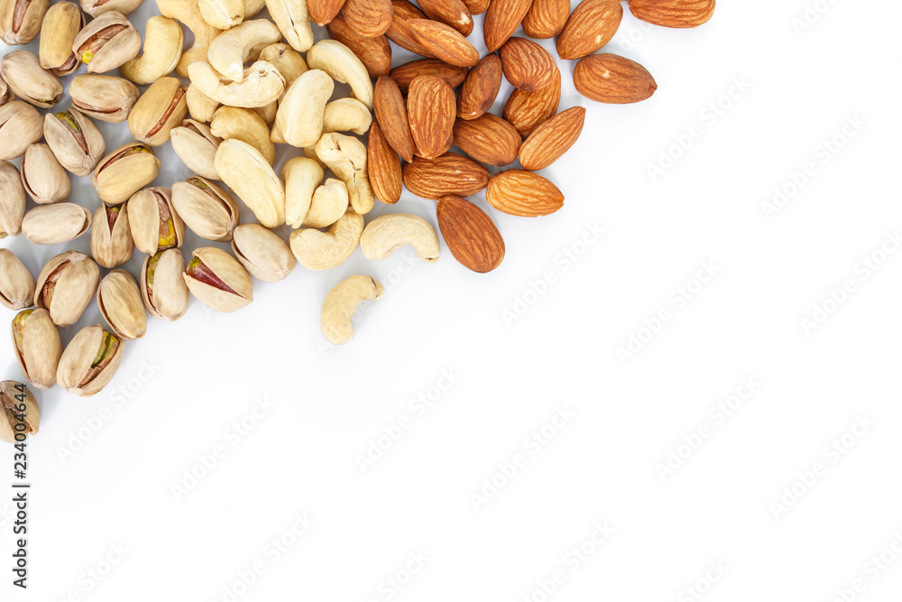 mix almond and pistachio and cashew on white background mix almond and pistachio and cashew on white background