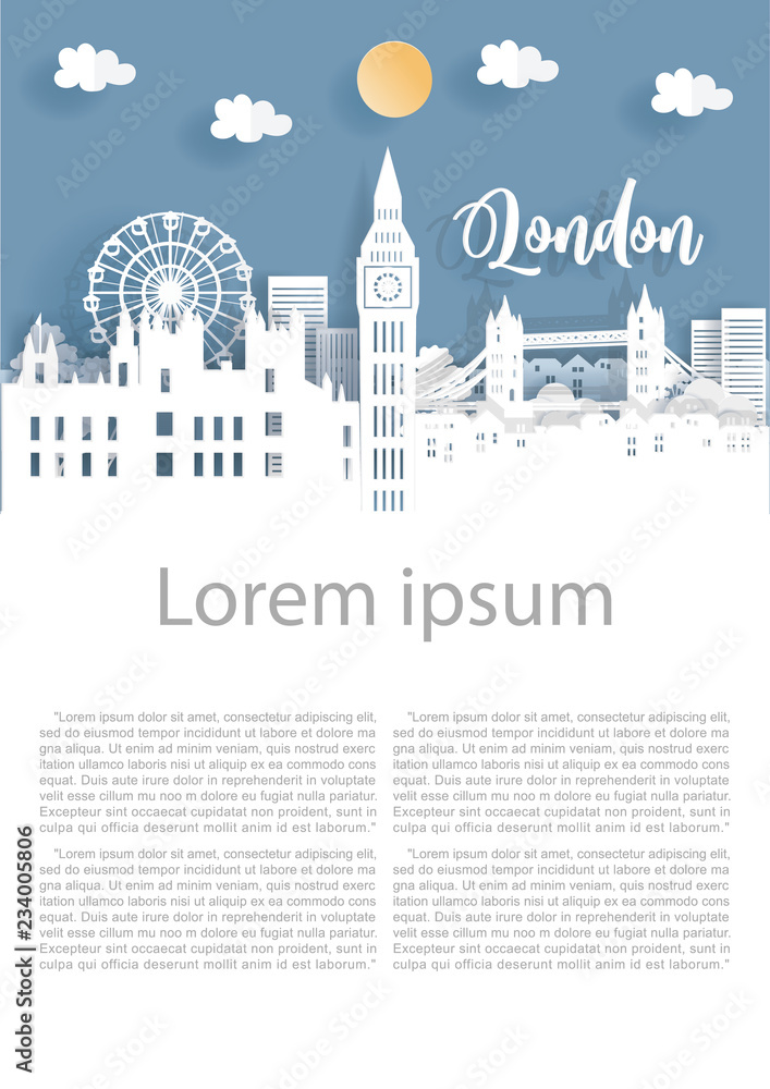 Paper art with London city, with building, London famous landmarks, London bridge and blue sky. Welcome to London Text. Vector illustration.