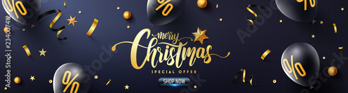 Merry Christmas and Happy New year Promotion Poster or banner with black balloons, golden ribbon and confetti.Promotion or shopping template for Christmas in golden and black style.Vector EPS10