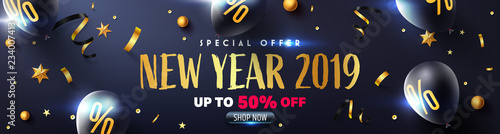 New year 2019 Promotion Poster or banner with black balloons and golden confetti for Retail,Shopping or New year Promotion template in golden and black style.Vector illustration EPS10