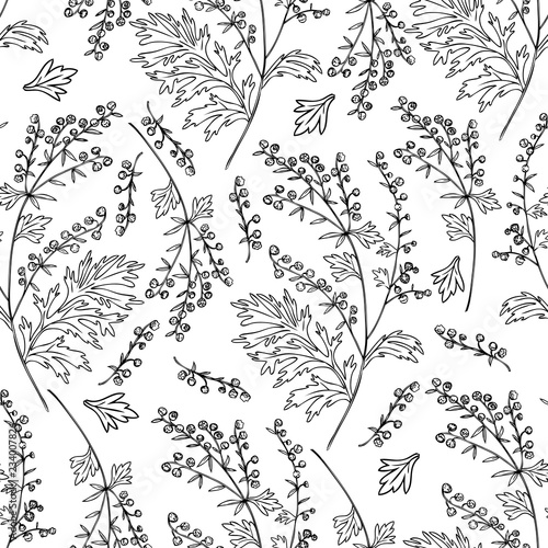 Seamless floral vector pattern Artemisia vulgaris, wormwood common hand drawn ink sketch illustration isolated on white background, Also called absinthium, Absinthe plant for design cosmetic, textile