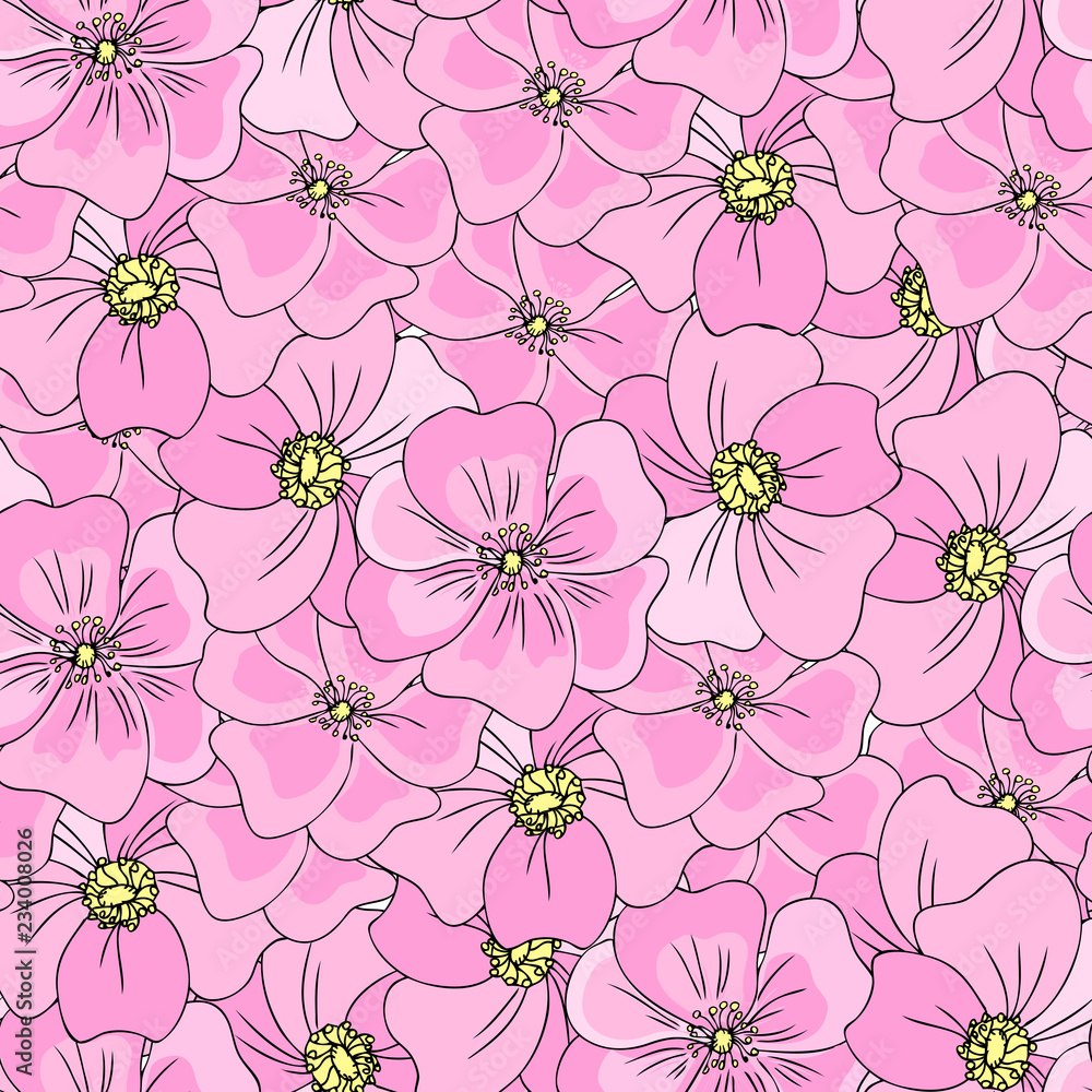 Seamless floral pattern Wild rose, briar, hand drawn blossom dogrose, vector illustration, pink background, decorative texture rosehip for design cosmetic, herbal tea, organic food, colorful textile Seamless floral pattern Wild rose, briar, hand drawn blossom dogrose, vector illustration, pink background, decorative texture rosehip for design cosmetic, herbal tea, organic food, colorful textile