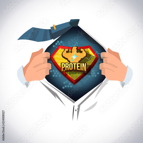 man open shirt to show" protein" logotype in comic style. strong by protein concept - vector