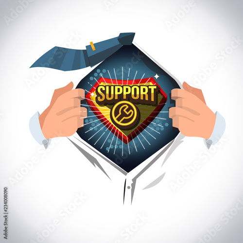 Man open shirt to show" Support" icon in cartoon style. call center or fixing service concept - vector