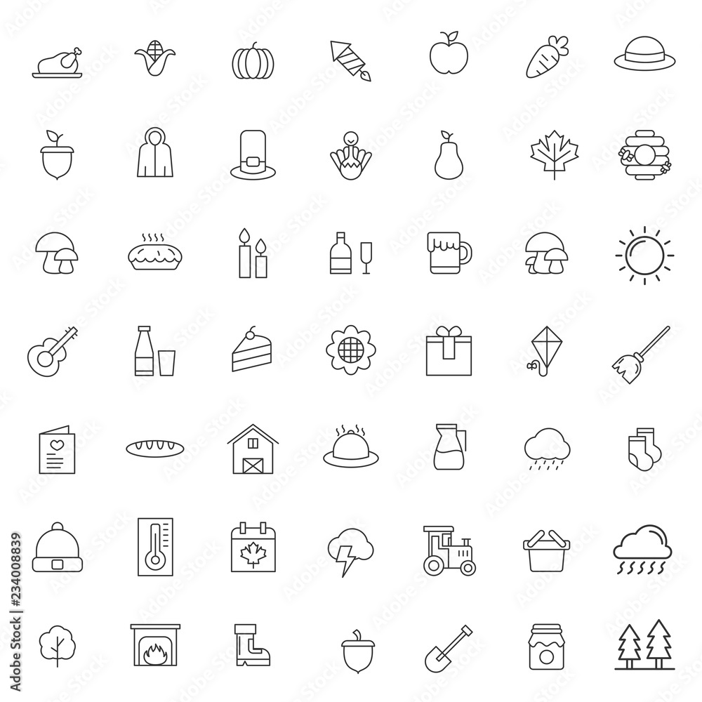 big set of autumn holidays icons vector design with simple outline and modern style, editable stroke