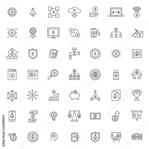 big set of bitcoin business technology icon with simple outline and modern style, editable stroke vector eps 10