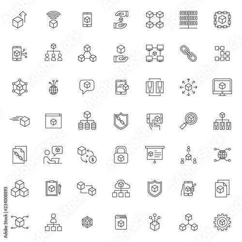 big set of blockchain technology icon with simple outline and modern style, editable stroke vector eps 10