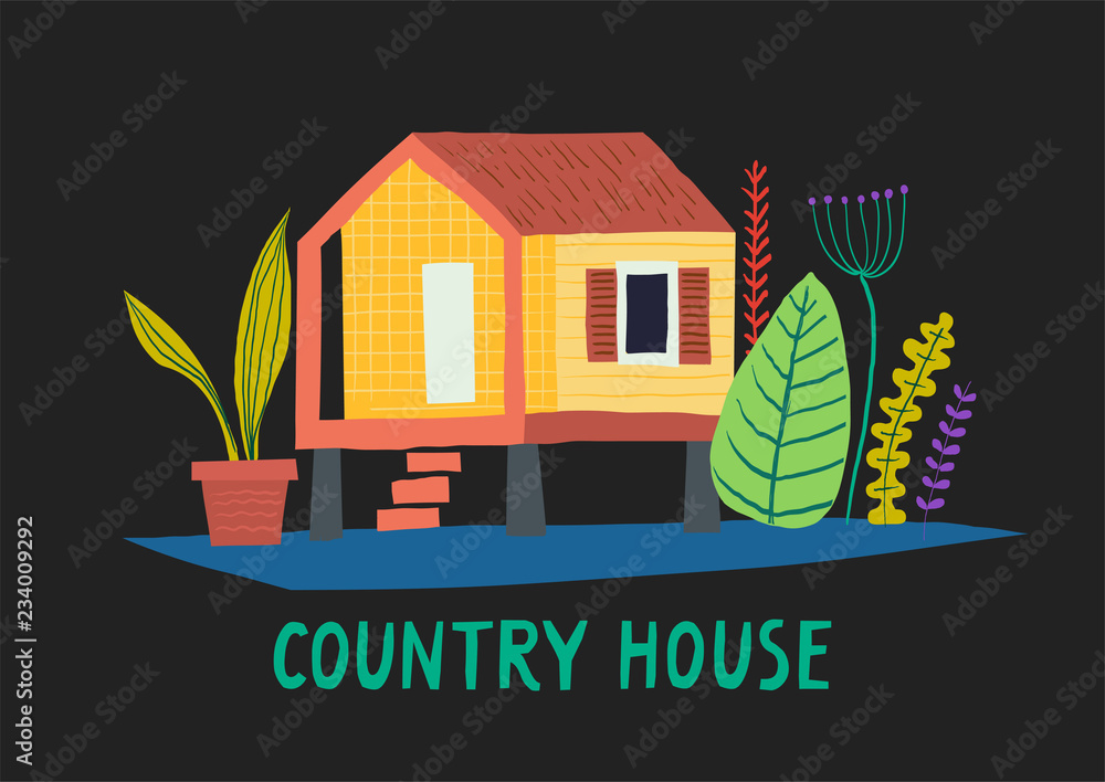 Obraz premium Hand-drawn illustation of private wooden country house with various plants on a black background.