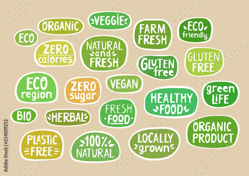 Stickers with handmade lettering for bio production, organic food, packaging.