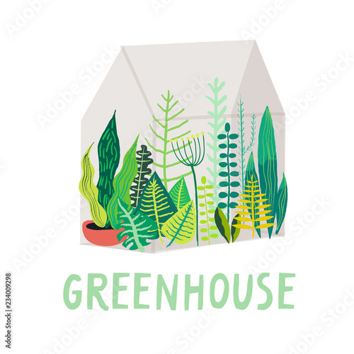 Vector hand-drawn illustation of glass greenhouse with various plants inside.