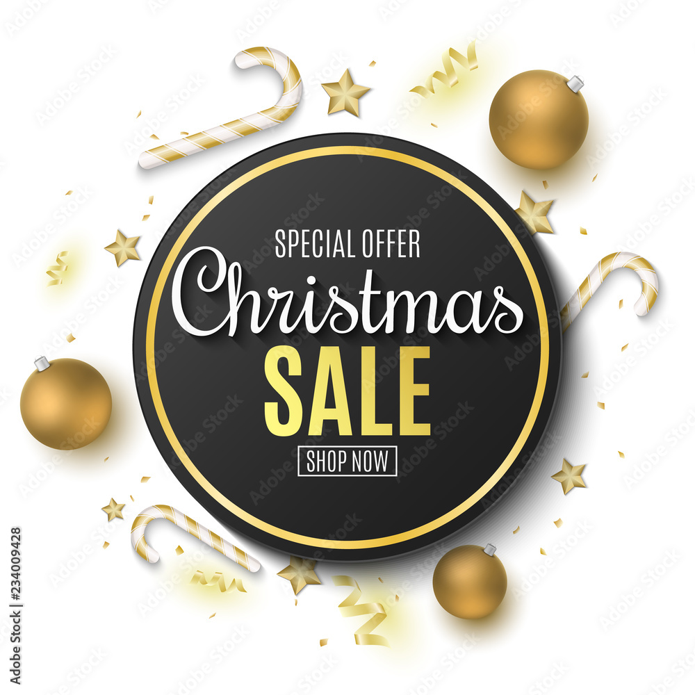 Christmas sale banner. Golden balls. Confetti and serpentine. Golden stars and lollipops. Scattered toys on the board. Special offer. Festive label. Vector illustration
