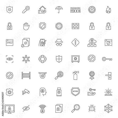 big set of protection security icon vector design with simple outline and modern style, editable stroke vector eps 10