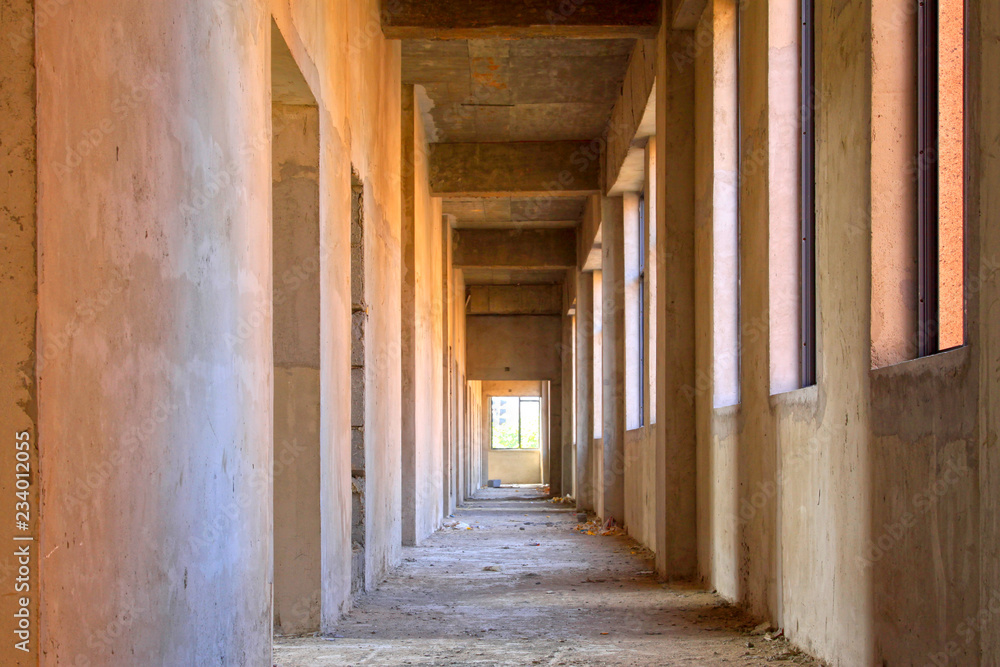 Unfinished buildings long corridor