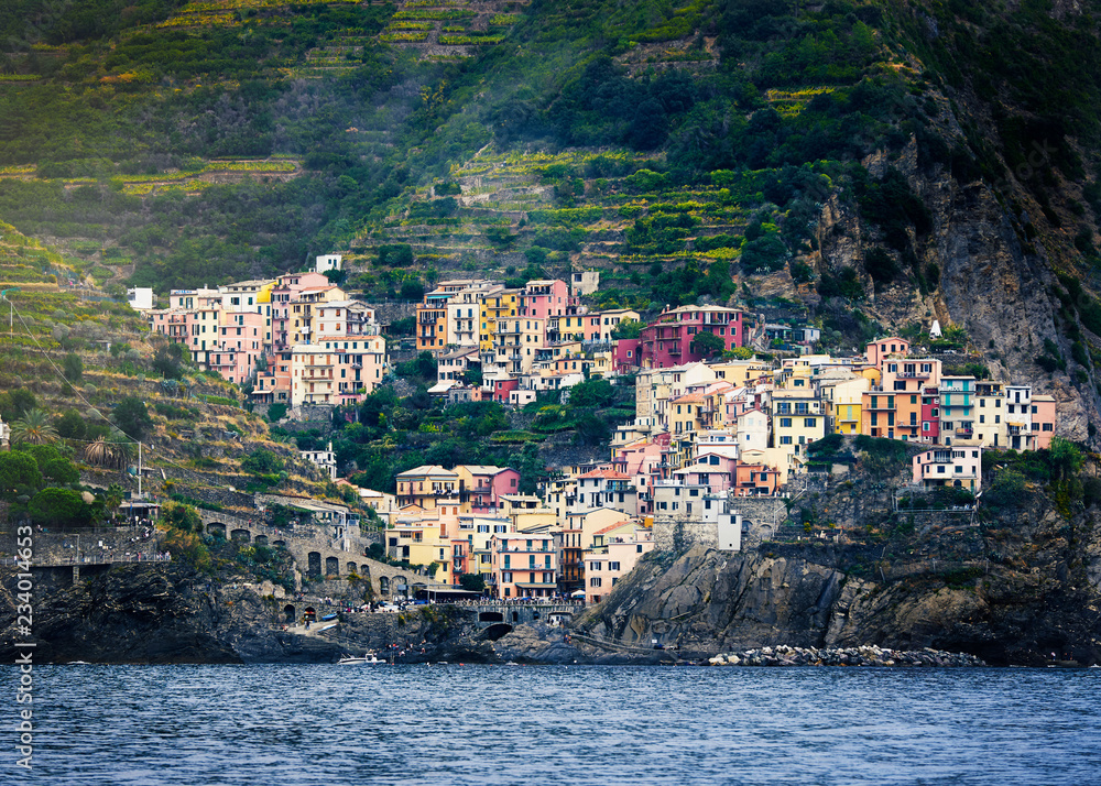 Beautiful colorful cityscape on the mountains over Mediterranean sea, Europe, Cinque Terre, italy