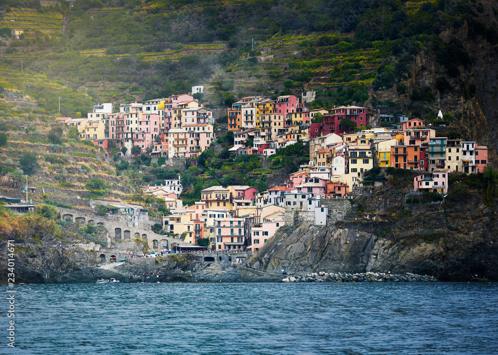 Beautiful colorful cityscape on the mountains over Mediterranean sea, Europe, Cinque Terre, italy