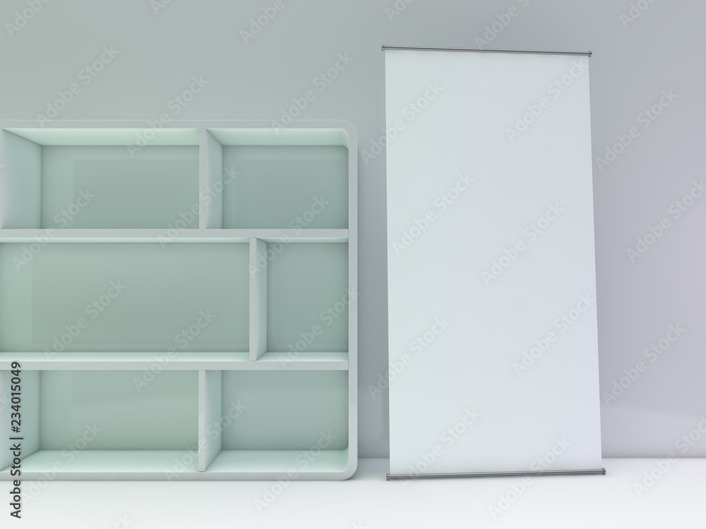 Blank roll up banner display. Template mockup. 3D Blank roll up banner display. Template mockup. 3D