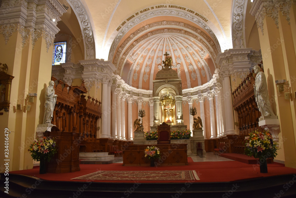 Arequipa, Peru - October 6, 2018 - Interior details and main altar of the Arequipa Cathedral.