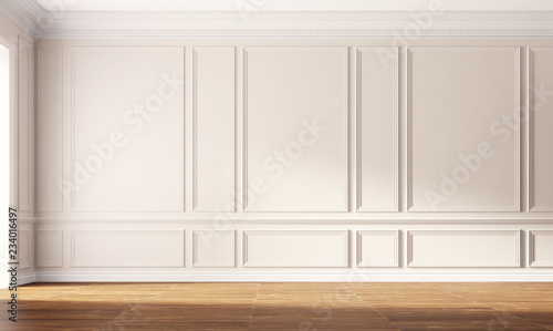Classic empty room with beige wall and wooden floor. 3d illustration