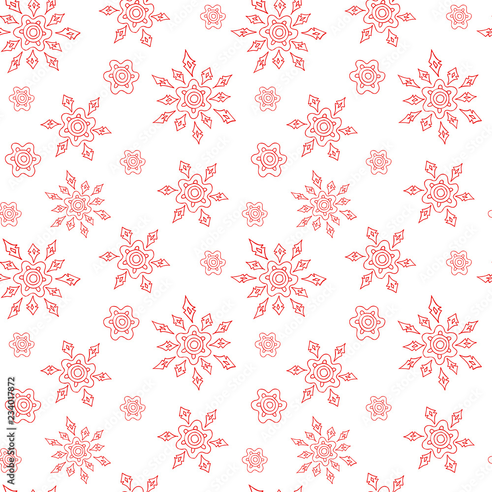 Christmas vector seamless pattern different size red silhouettes of snowflake on a white background for bedding, textile, wallpaper, wrapping, cover page, web site. Christmas vector seamless pattern different size red silhouettes of snowflake on a white background for bedding, textile, wallpaper, wrapping, cover page, web site.