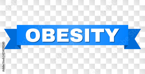 OBESITY text on a ribbon. Designed with white title and blue stripe. Vector banner with OBESITY tag on a transparent background.