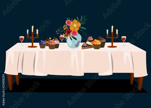 Dessert and flower on table vector illustration 