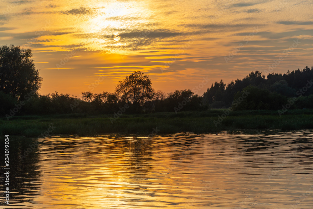Sunset on the Volkhov River. Great Novgorod.