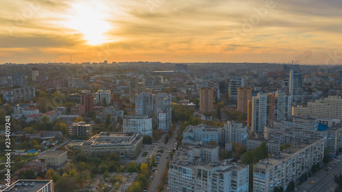 Downtown city skyline and skyscraper at sunset. Dnipro, Ukraine.