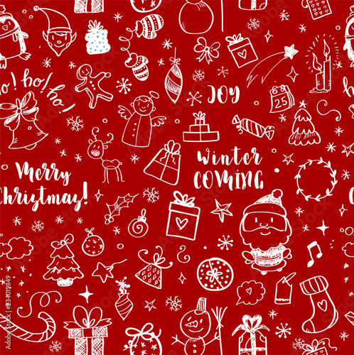 Seamless Doodles Christmas Pattern. Cartoon boundless background. Christmas tree and baubles, Santa sock, hat and beard, mistletoe, gifts, candy canes, snowman, swirls, gingerbread man, deer.
