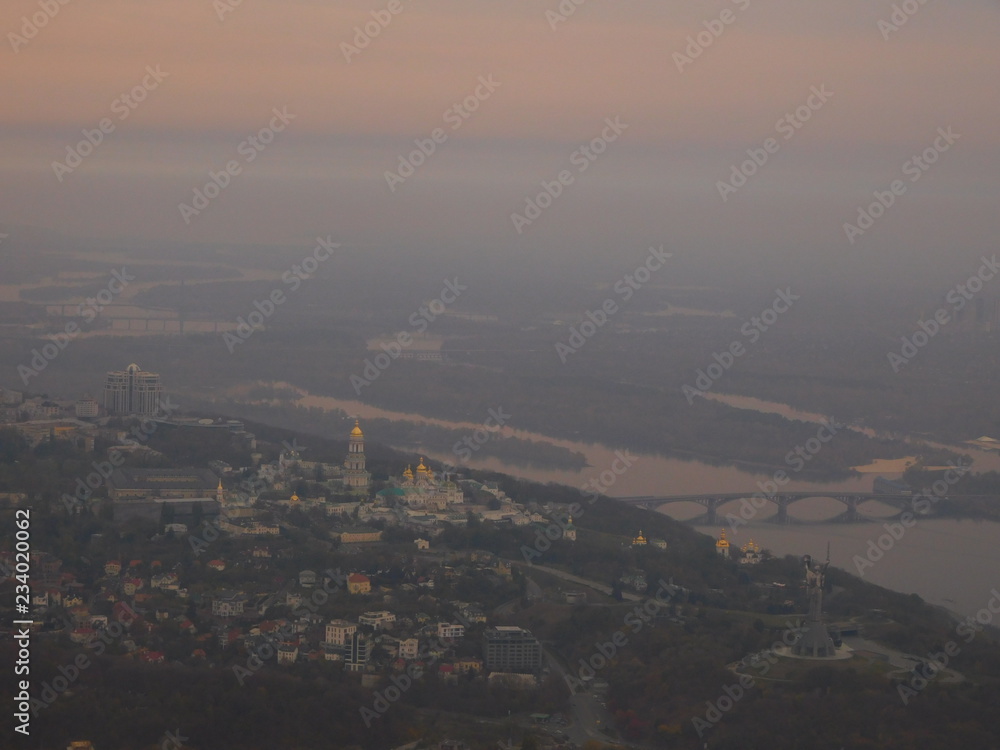 Aerial photo of main Kyiv attractions: Kiev Pechersk Lavra monastery and The Motherland Monument