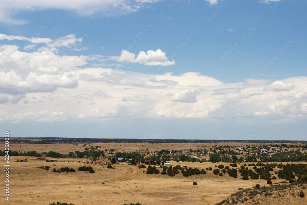 Landscape with houses in the distance on a summer day. Steppe. Hills overgrown with dry grass.