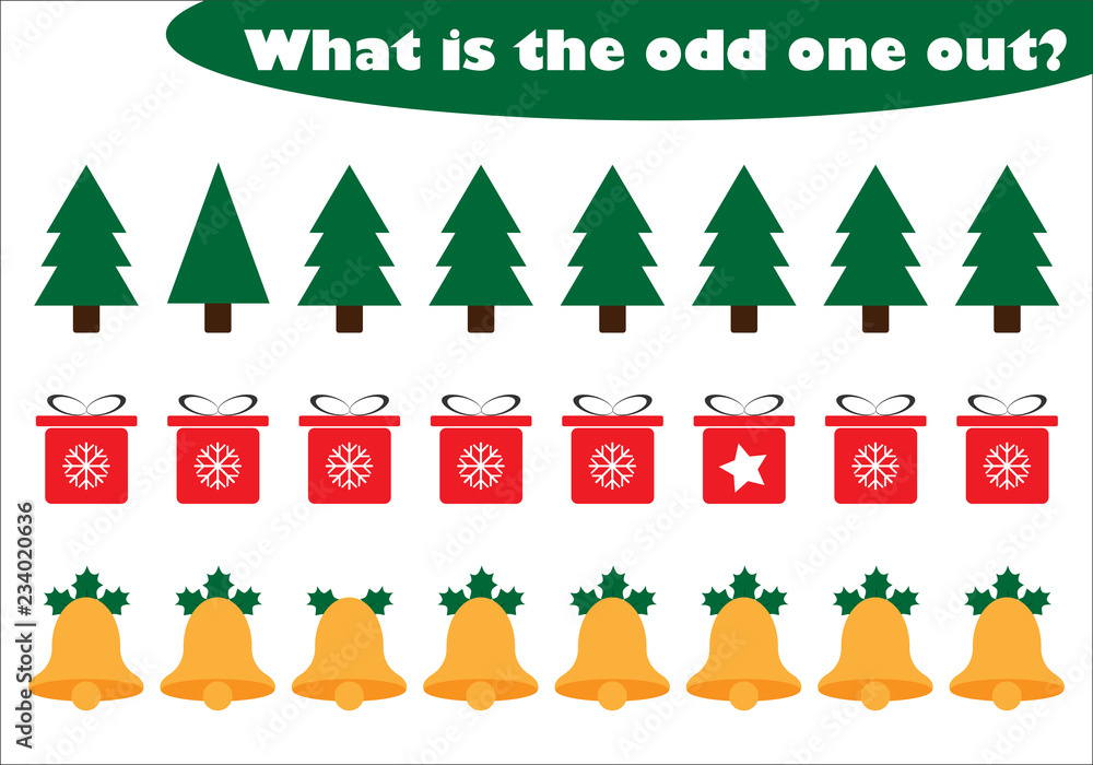 What is the odd one out for children, christmas theme in cartoon style, fun  education game for kids, preschool worksheet activity, task for the  development of logical thinking, vector illustration Stock Vector |