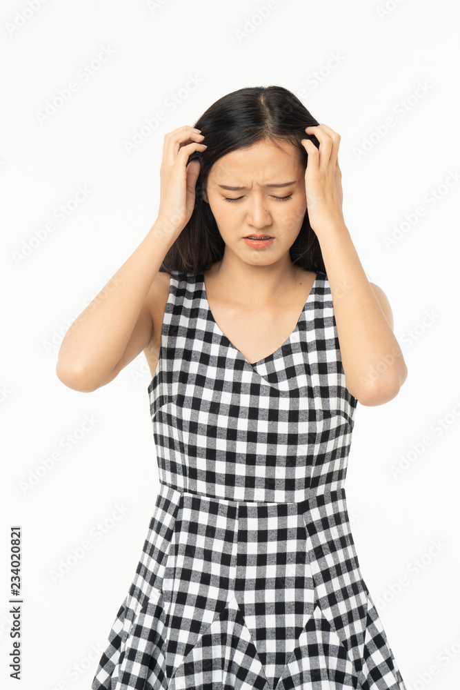 Business asian woman isolated on white. Young beautiful arab woman over isolated background .Unhappy stress serious woman. Business asian woman isolated on white. Young beautiful arab woman over isolated background .Unhappy stress serious woman.