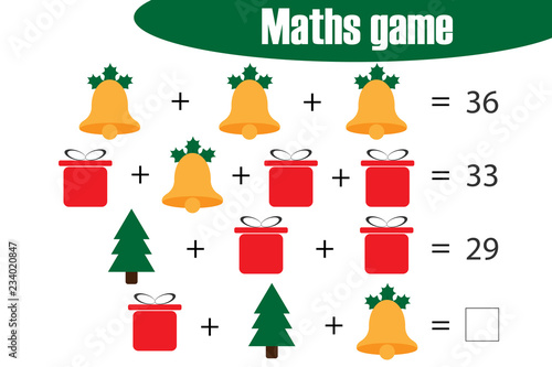 Xmas Maths game with pictures - christmas theme for children, middle level, education game for kids, preschool worksheet activity, task for the development of logical thinking, vector illustration