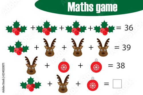 Maths game with pictures - christmas theme for children, middle level, education game for kids, preschool worksheet activity, task for the development of logical thinking, vector illustration